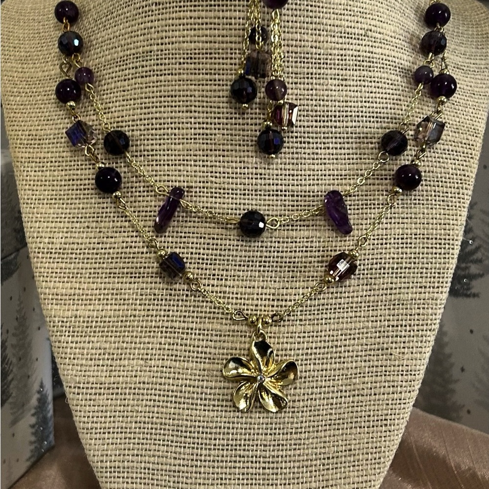 Sophisticated Purple and Gold Double-Strand Necklace with Fleur-de-Lis Pendant